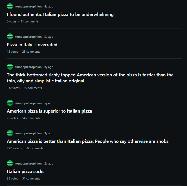 A screenshot of a Reddit thread from r/unpopularopinion showing several comments debating pizza preferences, with the top…