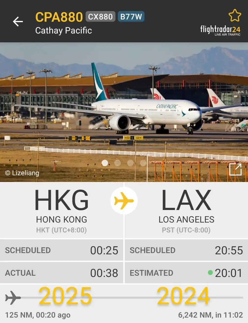 A flight tracking screenshot from Flightradar24 shows Cathay Pacific flight CPA880 (CX880) from Hong Kong (HKG) to Los…