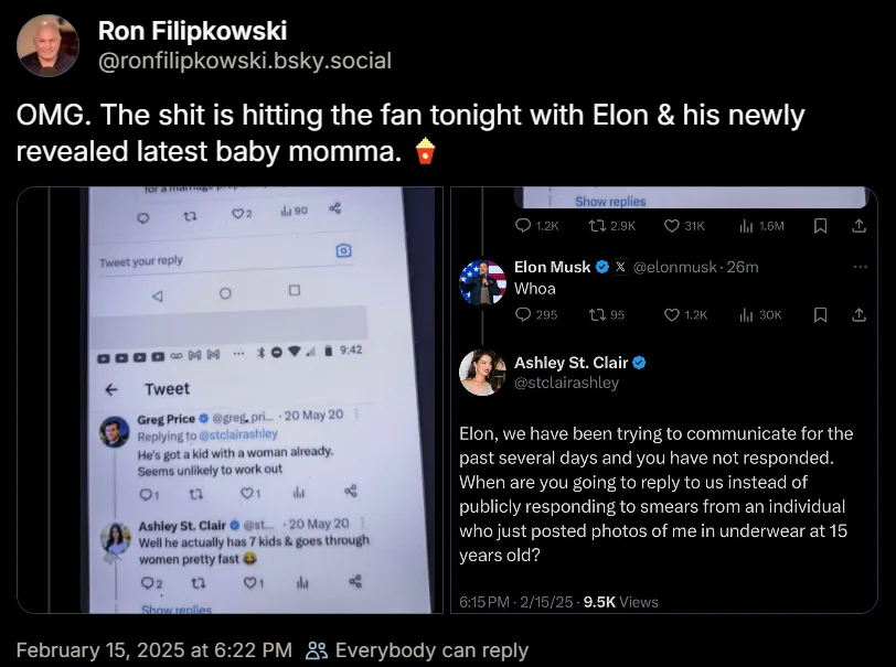 A screenshot of a Twitter thread shows Elon Musk replying 'Whoa' to a tweet from Ashley St. Clair, who accuses him of…