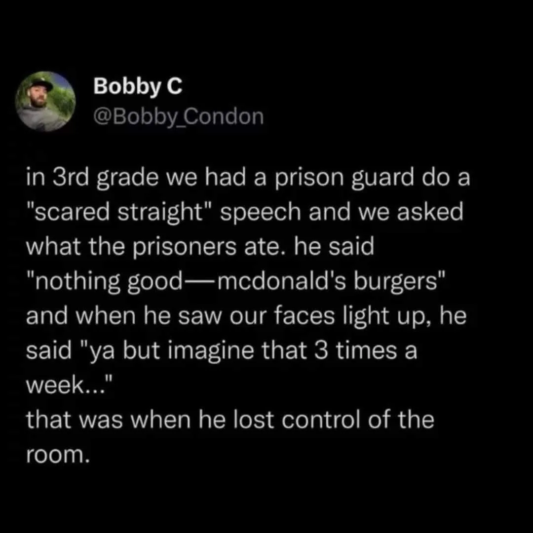 A screenshot of a tweet by Bobby C (@Bobby_Condon) describing a childhood memory where a prison guard during a 'scared…