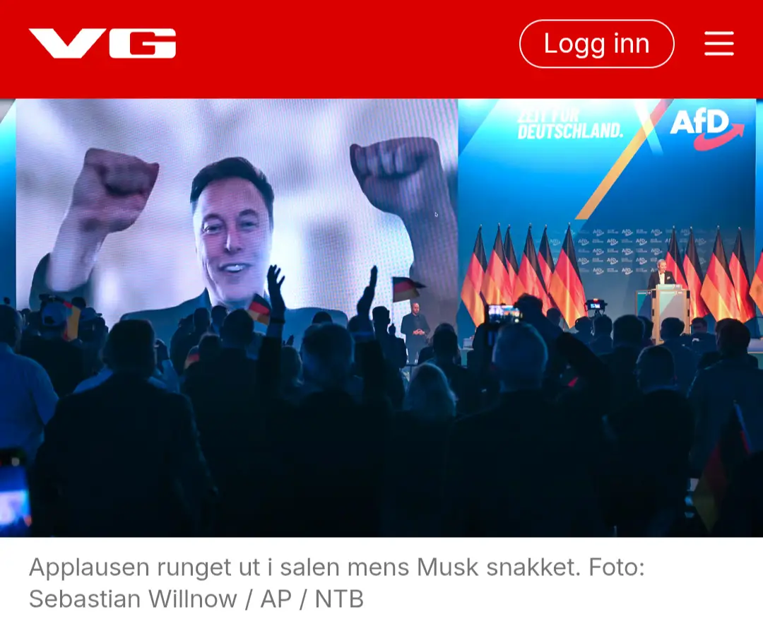 A split-screen image shows a large screen displaying Elon Musk with raised fists, while on the right, a speaker stands at a…