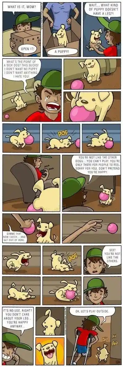A comic strip shows a boy receiving a one-legged puppy as a gift, initially rejecting it due to its disability. The puppy…