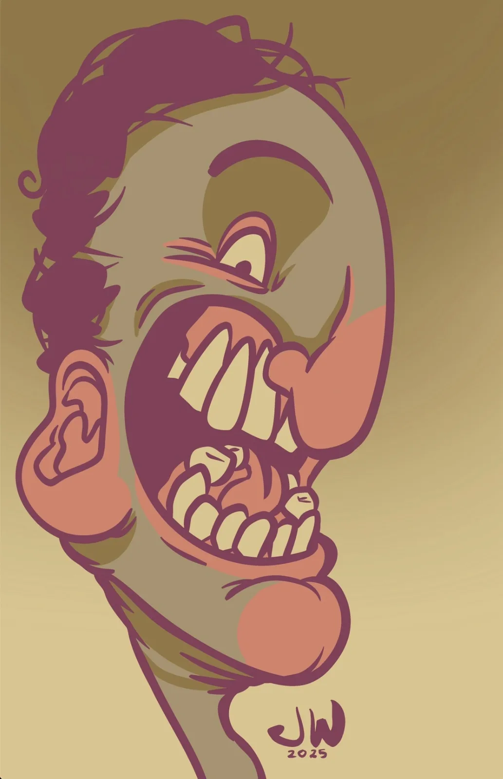 A stylized cartoon illustration of a man's face with exaggerated features, including a wide-open mouth showing teeth…