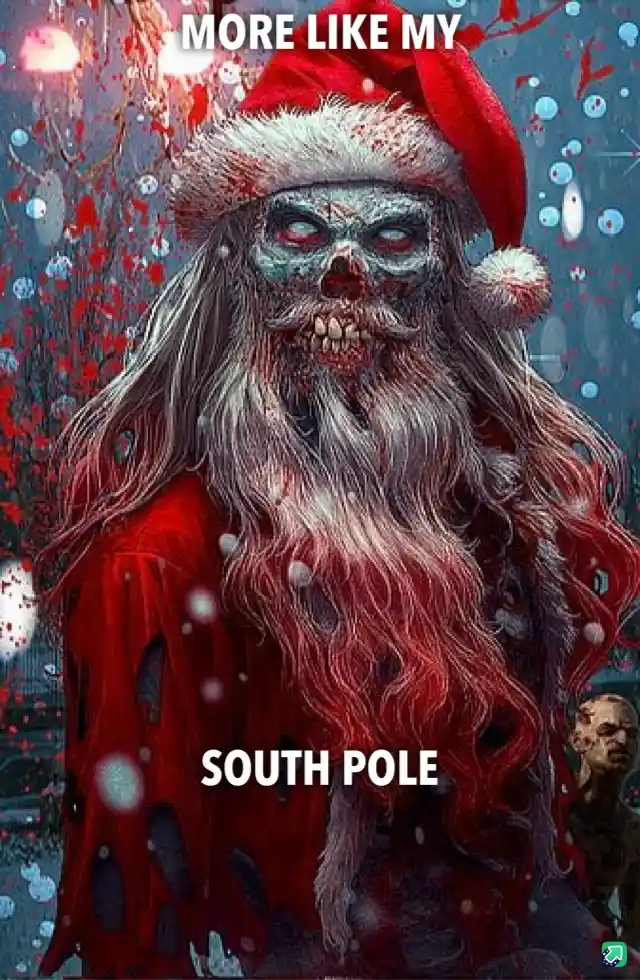 A zombie-like Santa Claus with a skull face, blood-stained red hat and coat, and a long grey beard, set against a snowy…