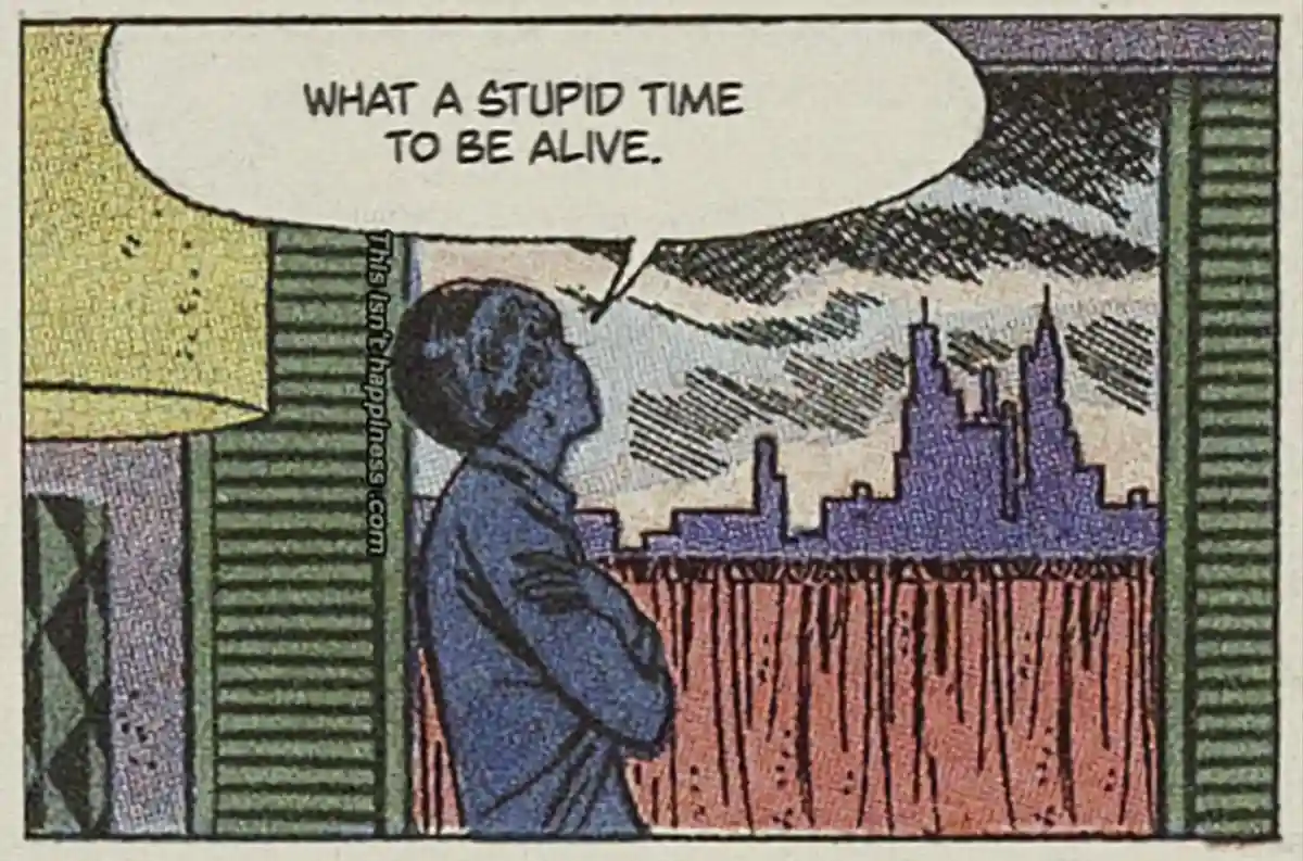 A vintage comic panel shows a person in profile looking out a window at a city skyline under a stormy sky, with a speech…