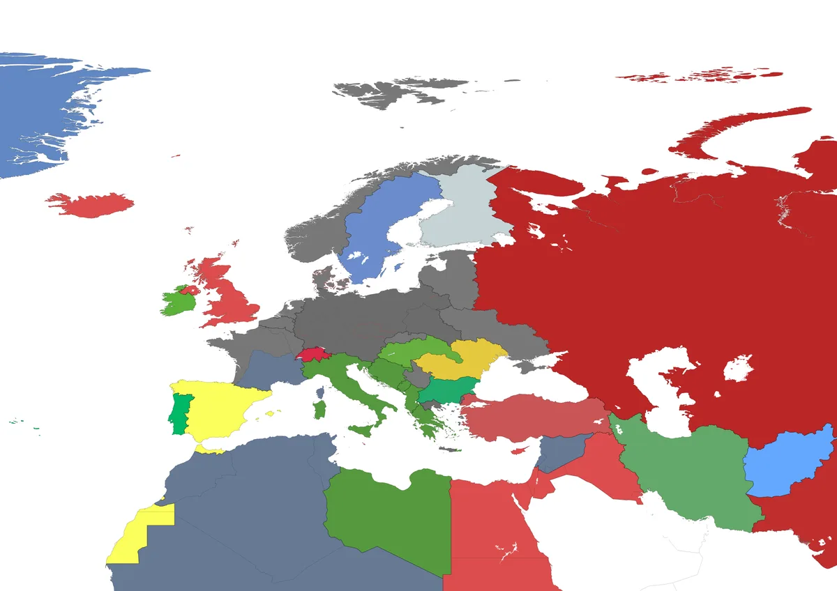 A map of Europe and the Middle East with countries colored in various shades of red, green, blue, yellow, and gray against a…