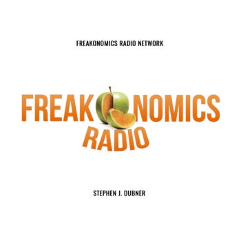 The image displays the logo for 'Freakonomics Radio' with the title in orange text, featuring a green apple with a bite…