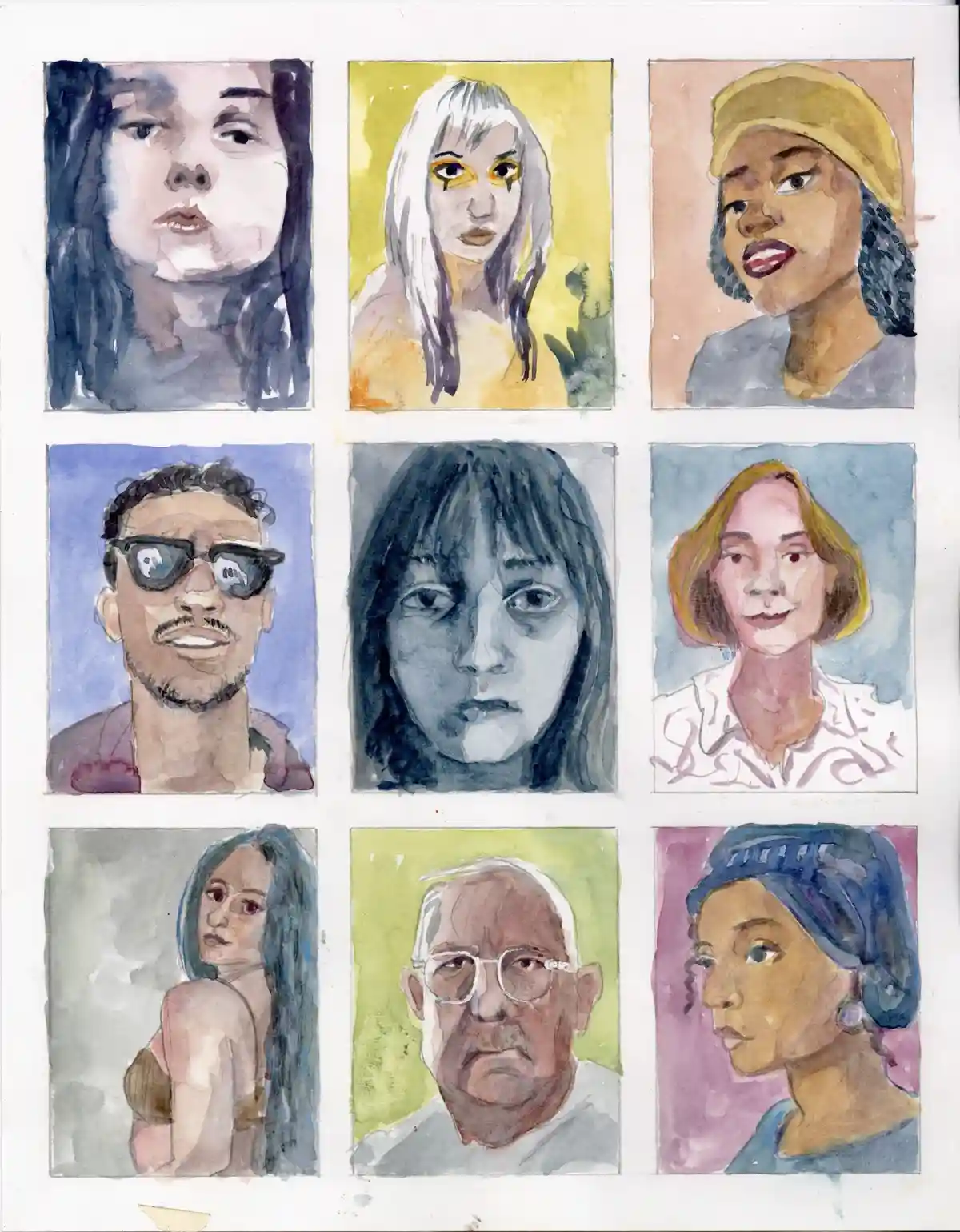 A watercolor artwork displays nine distinct portrait sketches arranged in a 3x3 grid, each depicting a different person with…