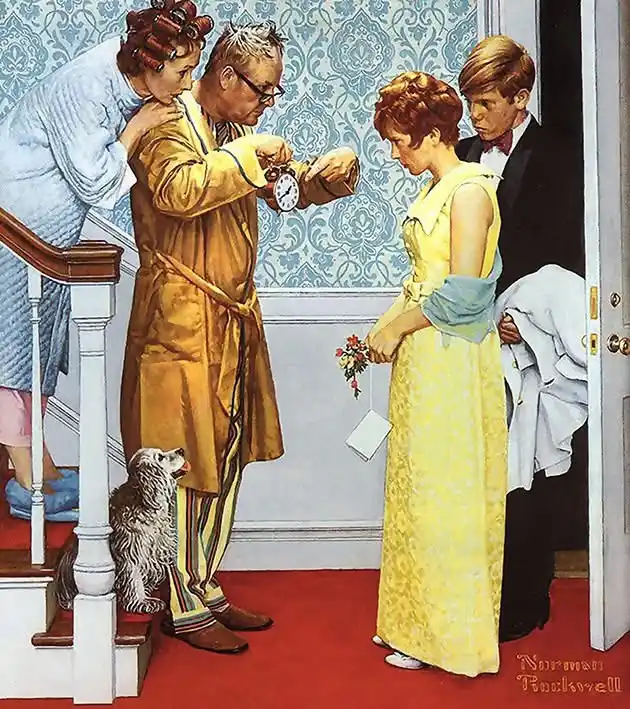 a vintage Norman Rockwell painting depicts a man in a yellow robe checking a pocket watch while a woman in a yellow dress…