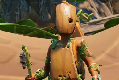 A character from the video game Fortnite, depicted as a humanoid figure made of wood and vines, holding a stone axe. The…