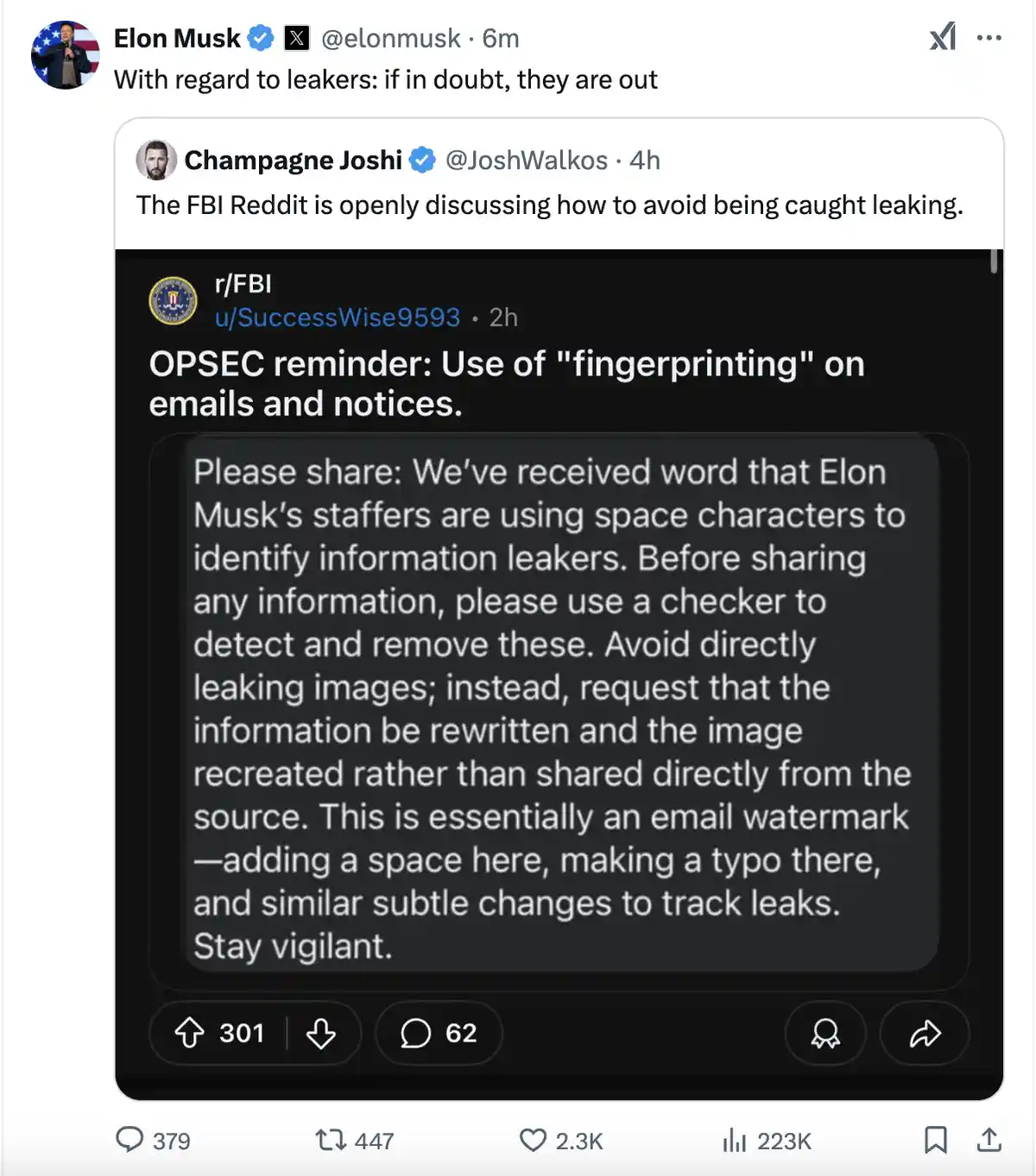A screenshot of a Twitter thread where Elon Musk tweets 'With regard to leakers: if in doubt, they are out,' followed by a…