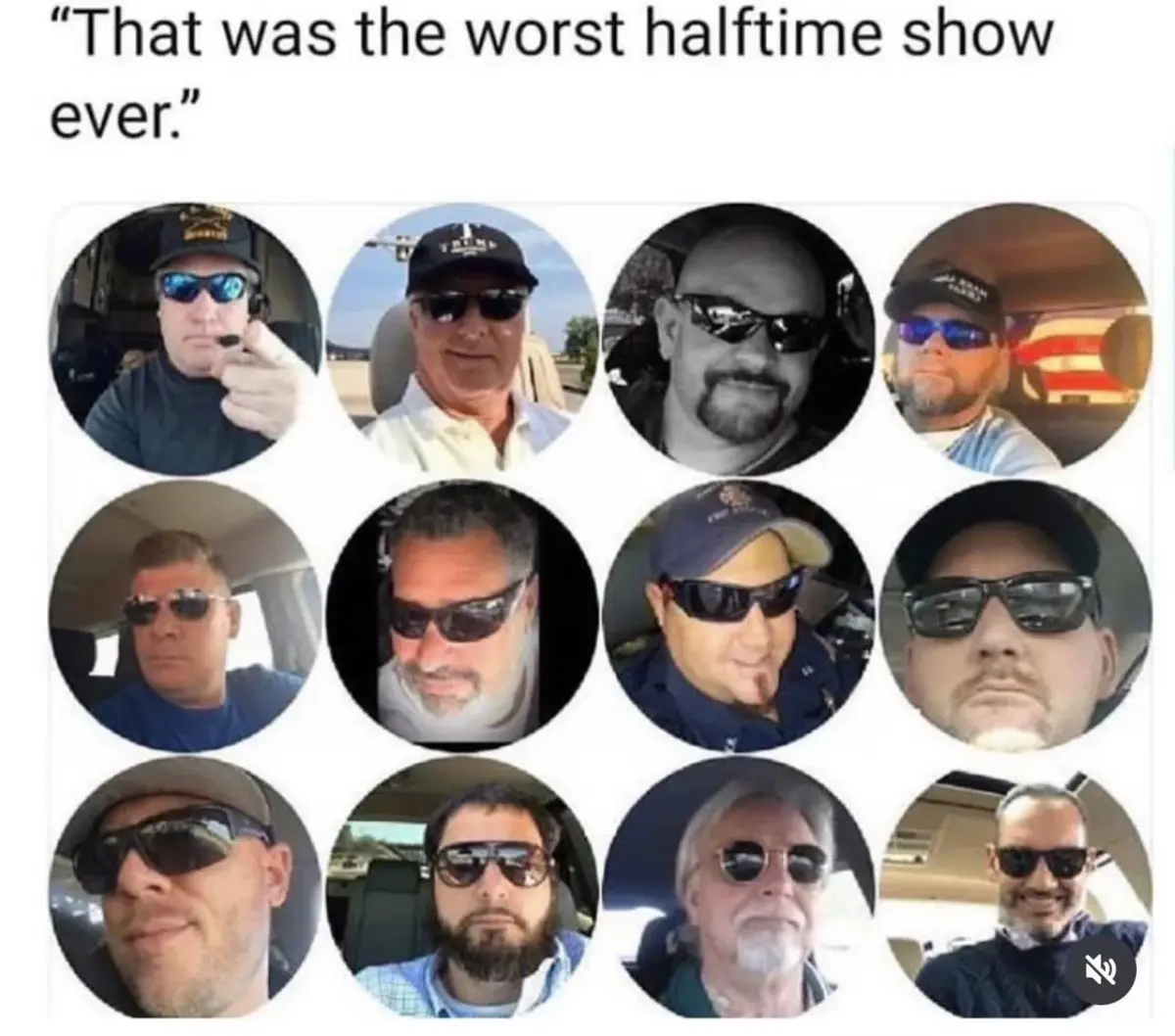 The image displays a grid of twelve circular headshots of different men, most wearing sunglasses and various hats, some…