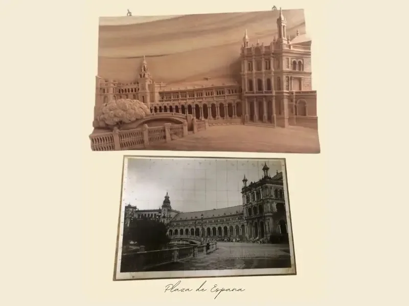 Two photographs of the Plaza de Espana in Seville are displayed side-by-side: the top one is a sepia-toned, heavily edited…