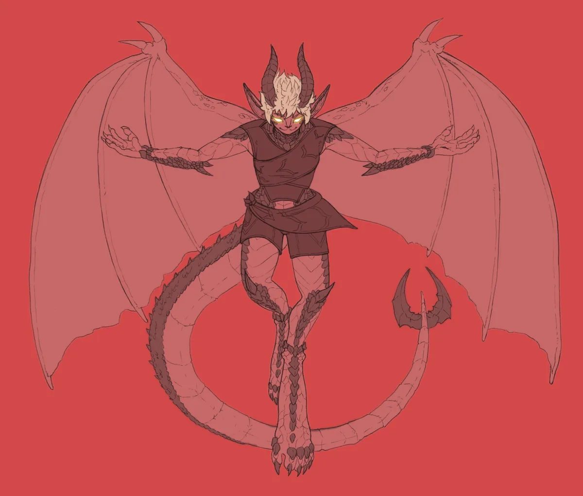 An anime-style dragon character with glowing yellow eyes, horns, wings, and a long tail stands with arms outstretched…