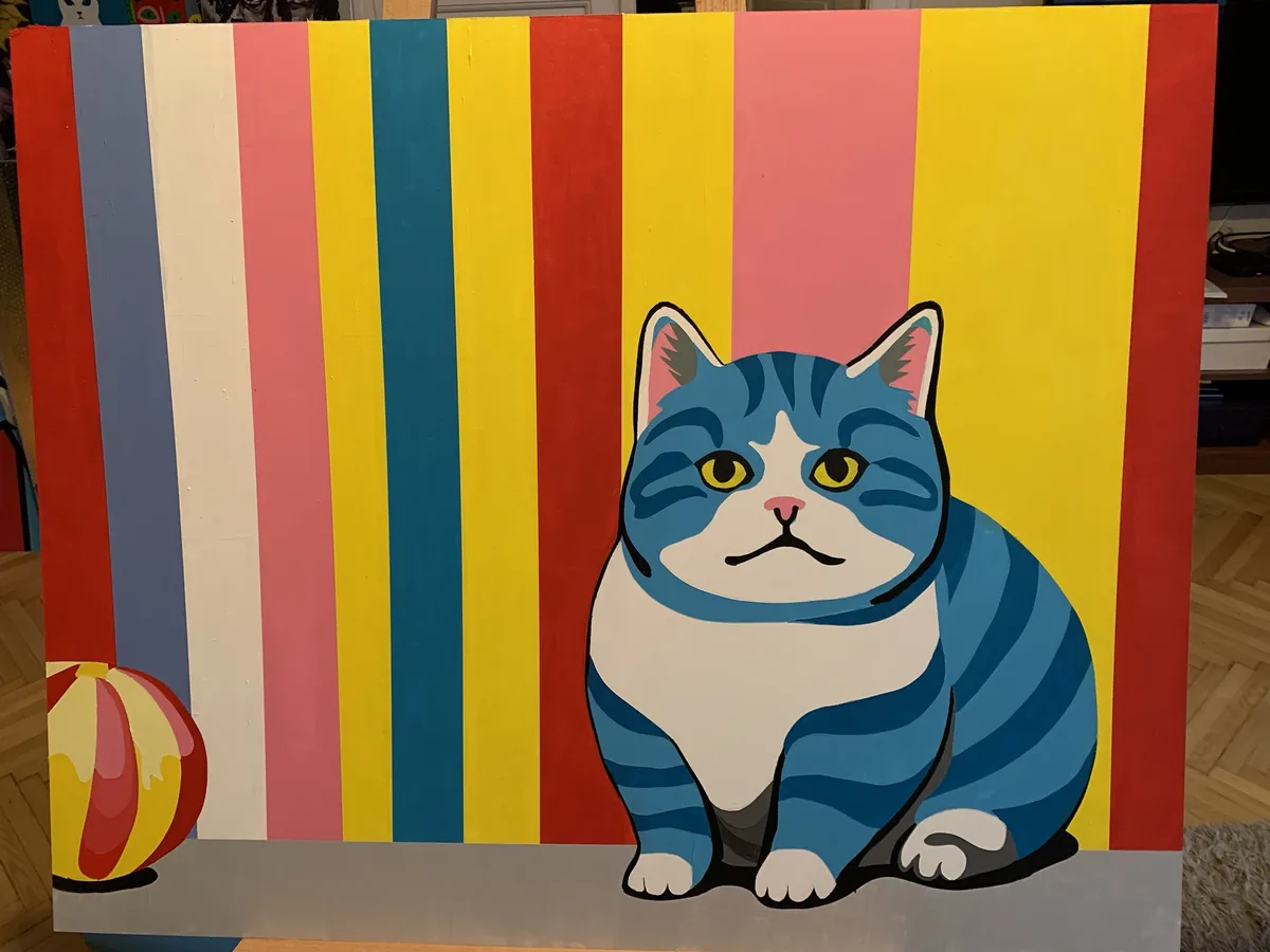 A colorful painting depicts a plump, blue-and-white striped cartoon cat with a bored expression, sitting in front of a…