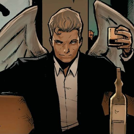 A comic book illustration shows a man with large, white angel wings, wearing a black suit and white shirt, holding a whiskey…