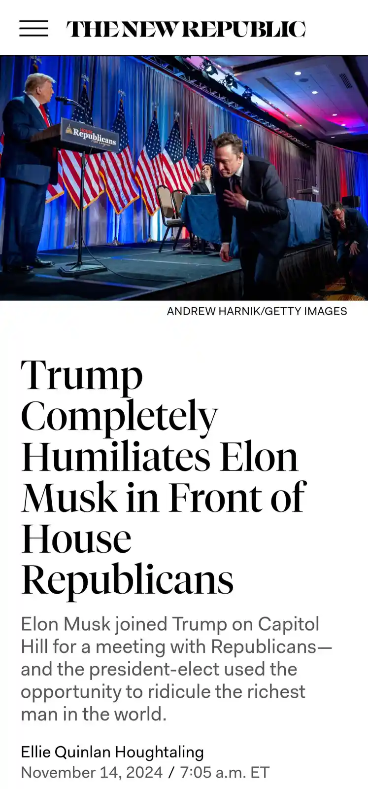 The image shows a staged photo of Donald Trump standing at a podium labeled 'House Republicans' while Elon Musk appears to…