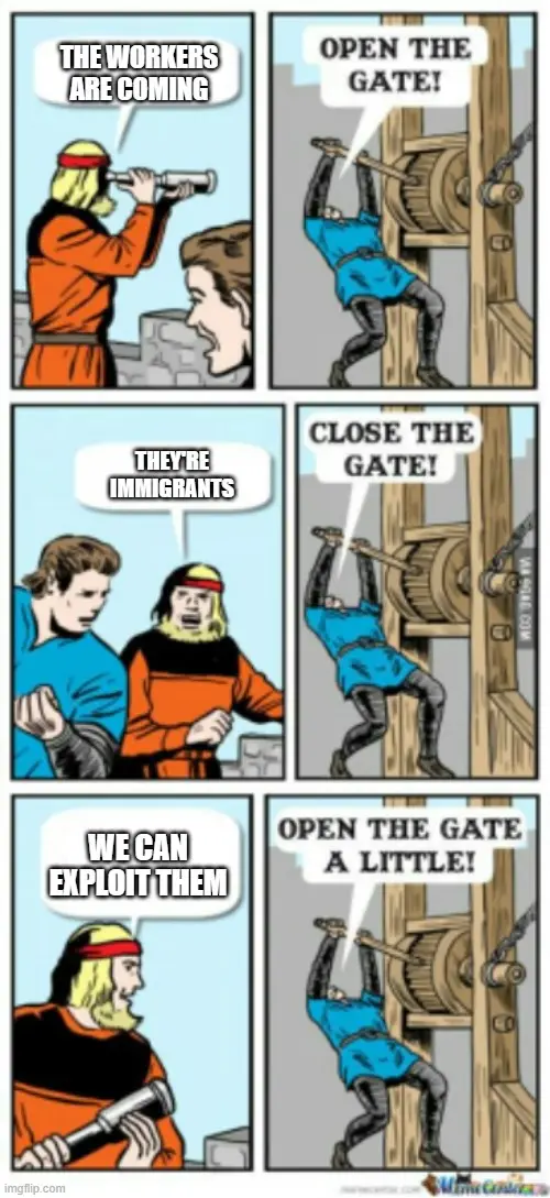 A six-panel comic strip depicts a medieval-style scene where a leader spots workers approaching, initially orders the gate…