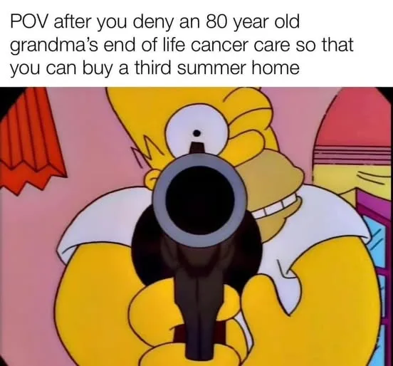 A close-up image of Homer Simpson from The Simpsons, holding a black handgun directly at the viewer with a wide-eyed, manic…