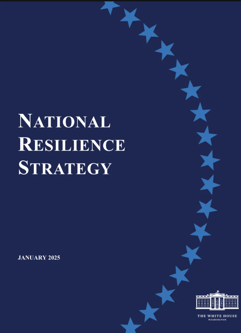 The image shows a formal-looking document cover with a dark blue background, featuring the title 'NATIONAL RESILIENCE…