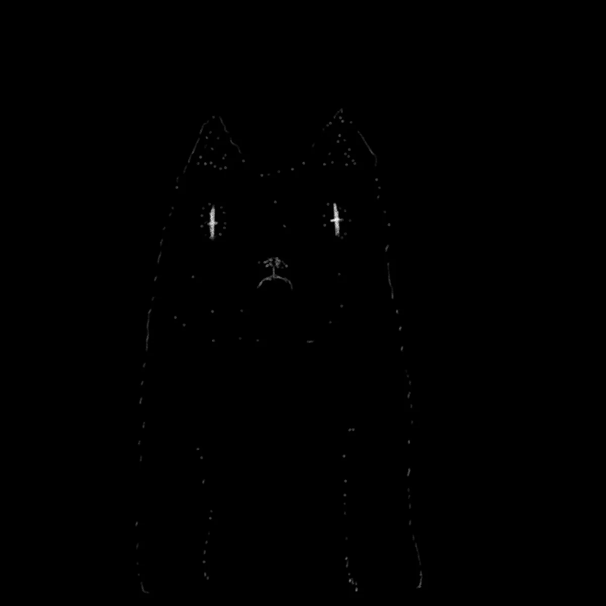 A minimalist white dot-art illustration of a cat's face and upper body against a black background, featuring pointed ears…