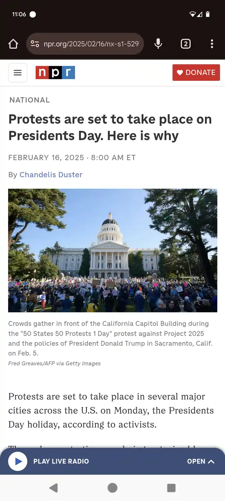 A screenshot of an NPR news article from February 16, 2025, showing a large protest crowd gathered in front of the…