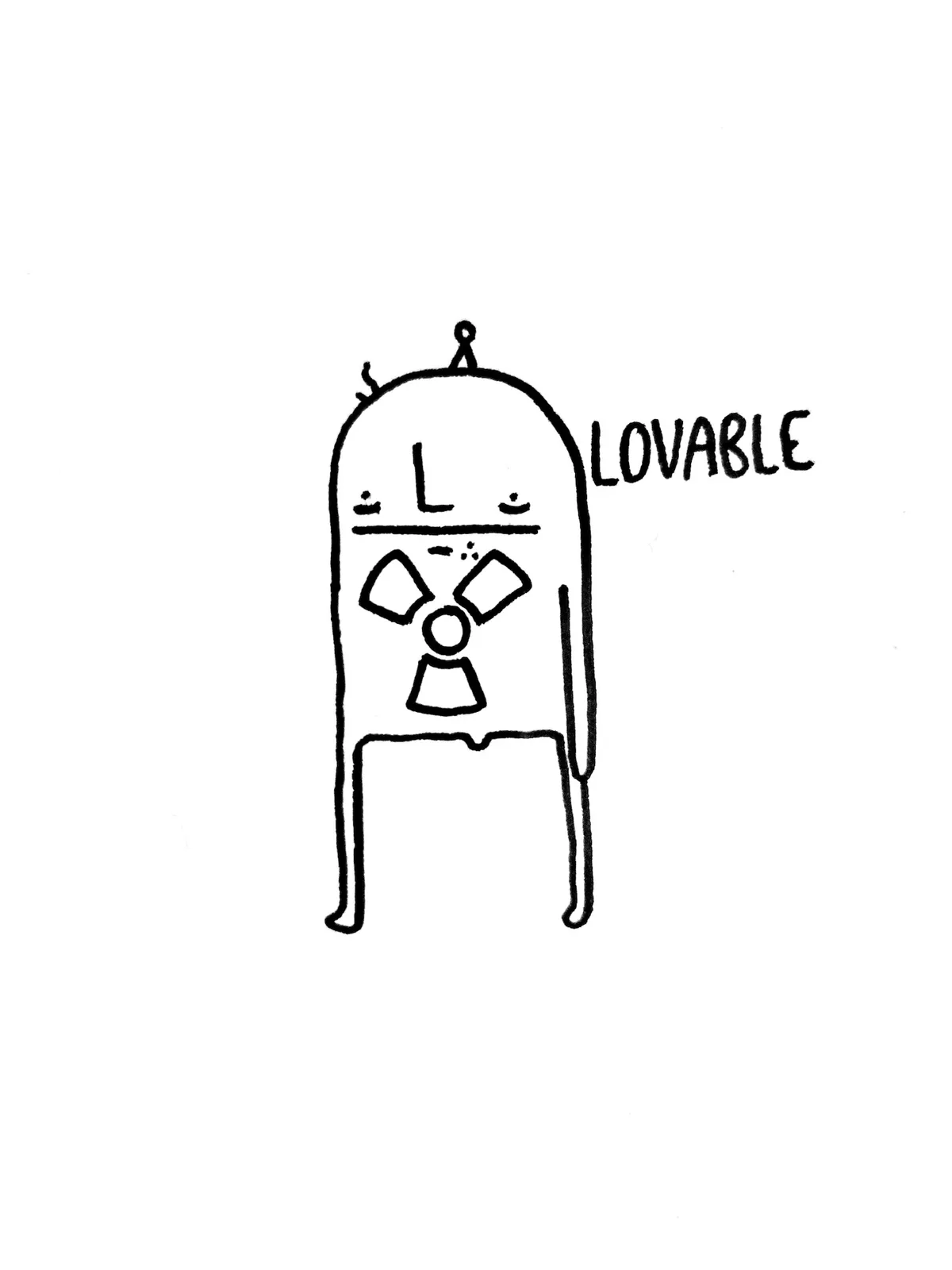 A simple black-and-white line drawing shows a cartoonish, vaguely humanoid figure with a rounded head, two small eyes, and a…