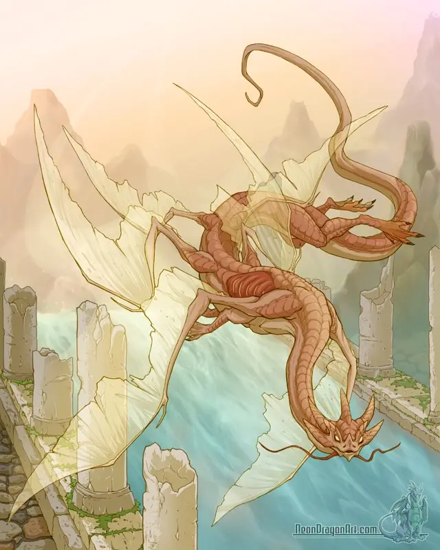 A stylized, reddish-brown dragon with large, translucent, leaf-like wings soars over a body of water near ancient stone…