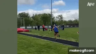 A sequence of six frames shows a female pole vaulter running with a pole, planting it, and then falling awkwardly onto a red…