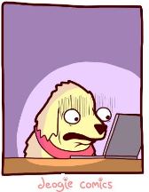 A cartoon dog with wide eyes and a mustache sits at a desk looking at a laptop screen, visibly stressed or confused. The…