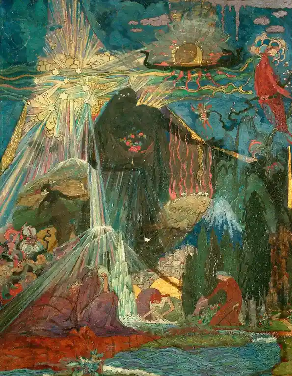 A surreal, colorful painting depicts a large black figure with a sun-like orb in its chest, surrounded by fantastical…
