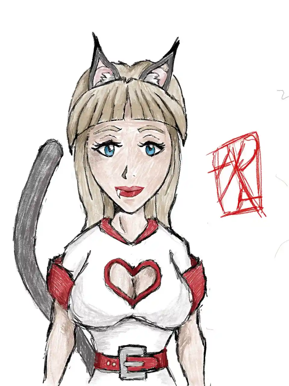 A hand-drawn illustration of a blonde woman with cat ears, a grey tail, fangs, and a white top with a red heart. She has…