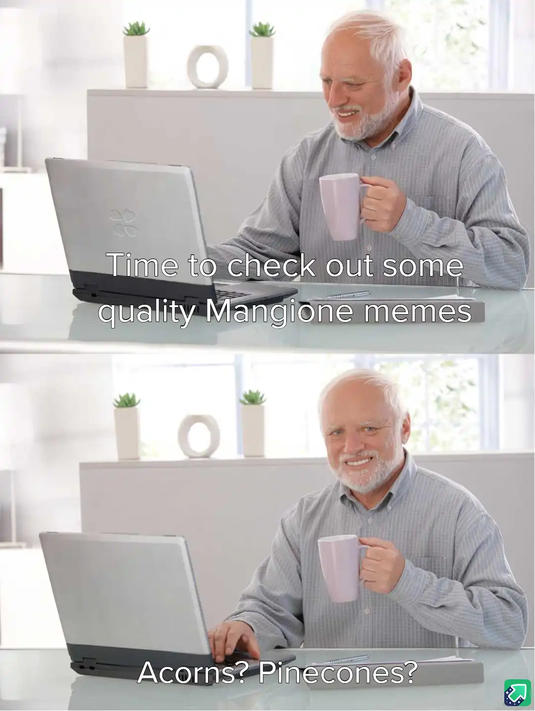 A two-panel image shows an older man with white hair and a beard sitting at a glass desk with a laptop and a light purple…