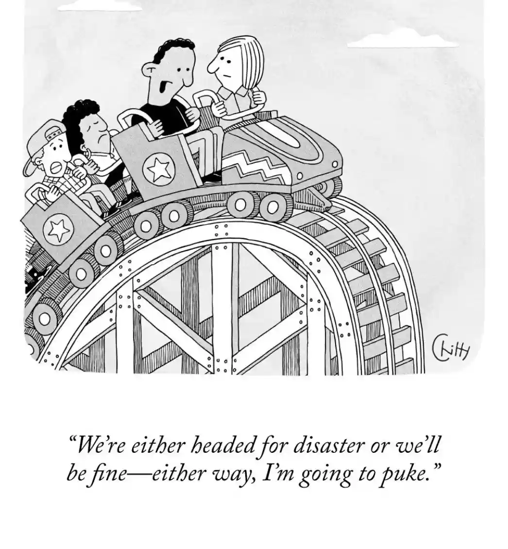 A black-and-white cartoon depicts four people on a roller coaster at the peak of a loop, visibly terrified. The person in…