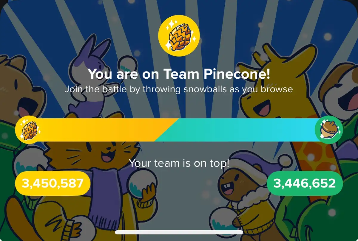 A screenshot from a mobile game shows a snowy battle interface with cartoon animals cheering. The text announces 'You are on…
