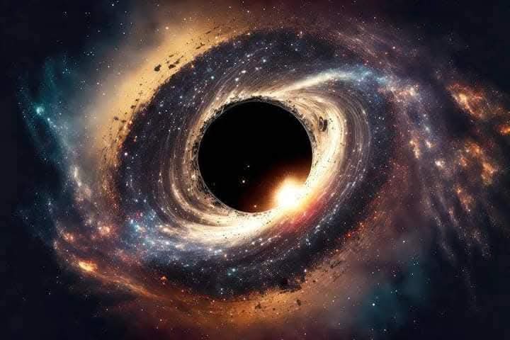A cosmic image of a black hole with swirling accretion disk and stars, overlaid with the text 'i'm not a fan of black holes'.