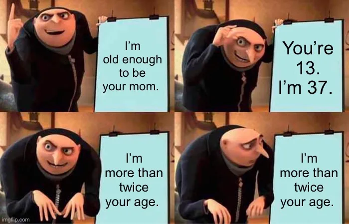 A four-panel meme featuring the animated character Gru from Despicable Me. In each panel, Gru holds up a light blue sign…