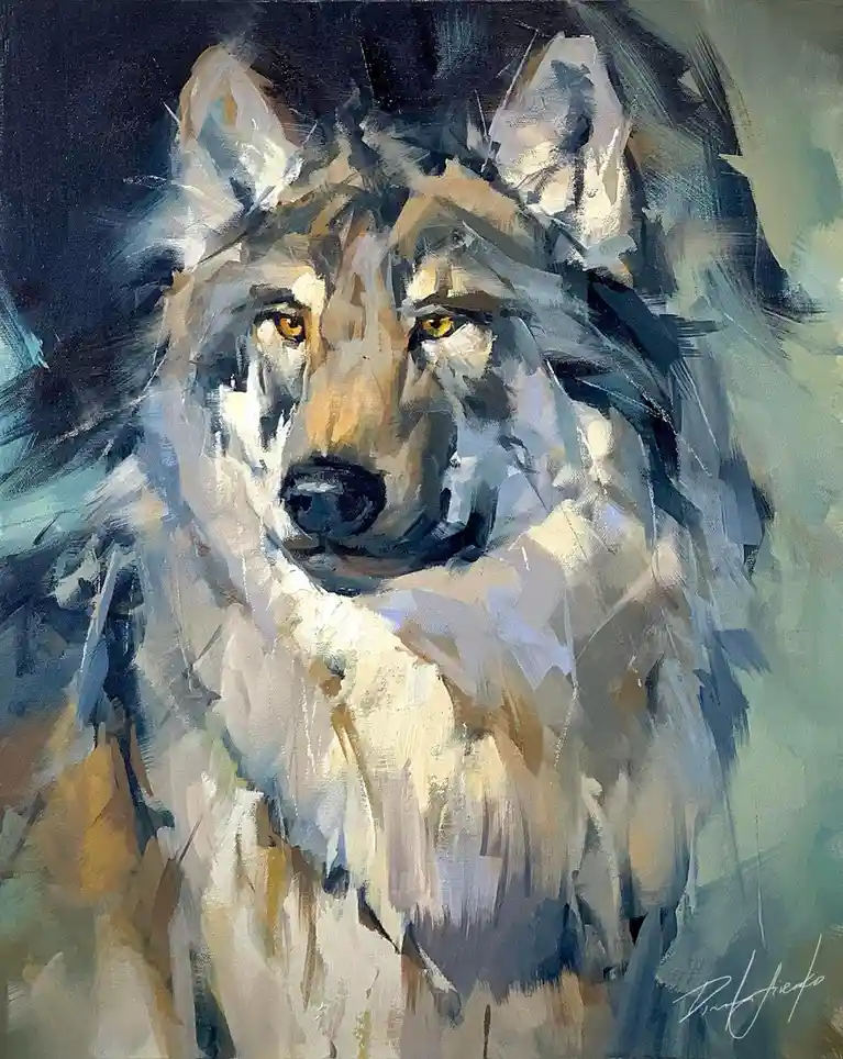 A painted portrait of a wolf with intense yellow eyes and a thick, textured coat of white, gray, and brown fur, set against…