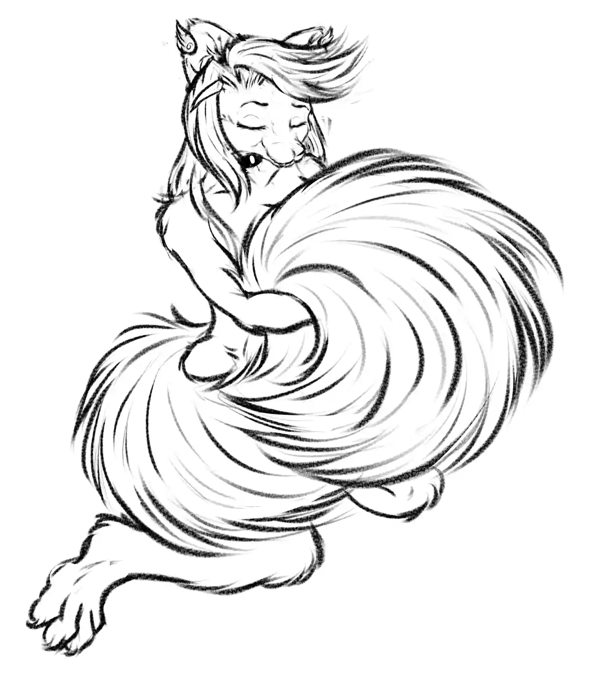 A black-and-white sketch depicts a stylized anthropomorphic fox-like creature with closed eyes and a serene expression…