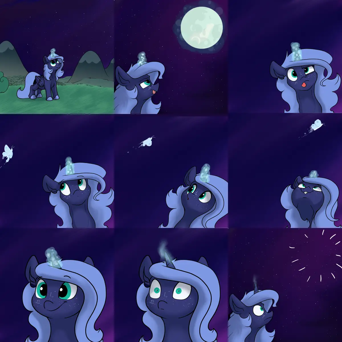 A nine-panel comic strip shows a blue pony with a glowing horn under a starry night sky. Initially calm, the pony's…