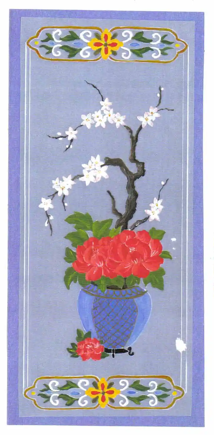 A traditional-style embroidered or painted artwork depicts a blue vase holding a bouquet of red peonies and white blossoms…