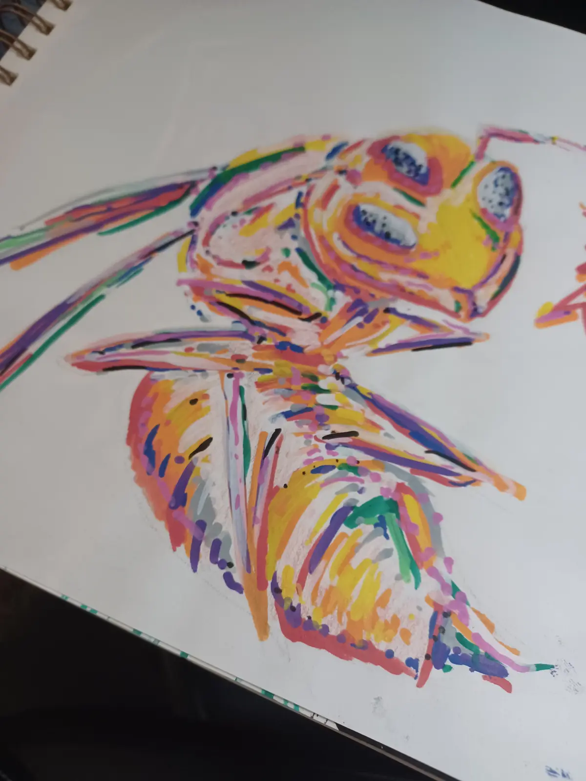 A colorful, abstract crayon drawing on white notebook paper depicts a creature with large eyes and wings, resembling a bee…
