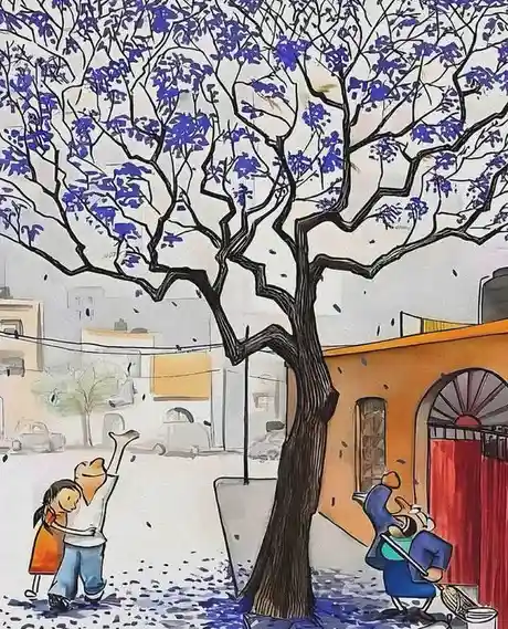 An illustrated street scene shows a large tree with purple blossoms shedding petals like snow, while a couple embraces…