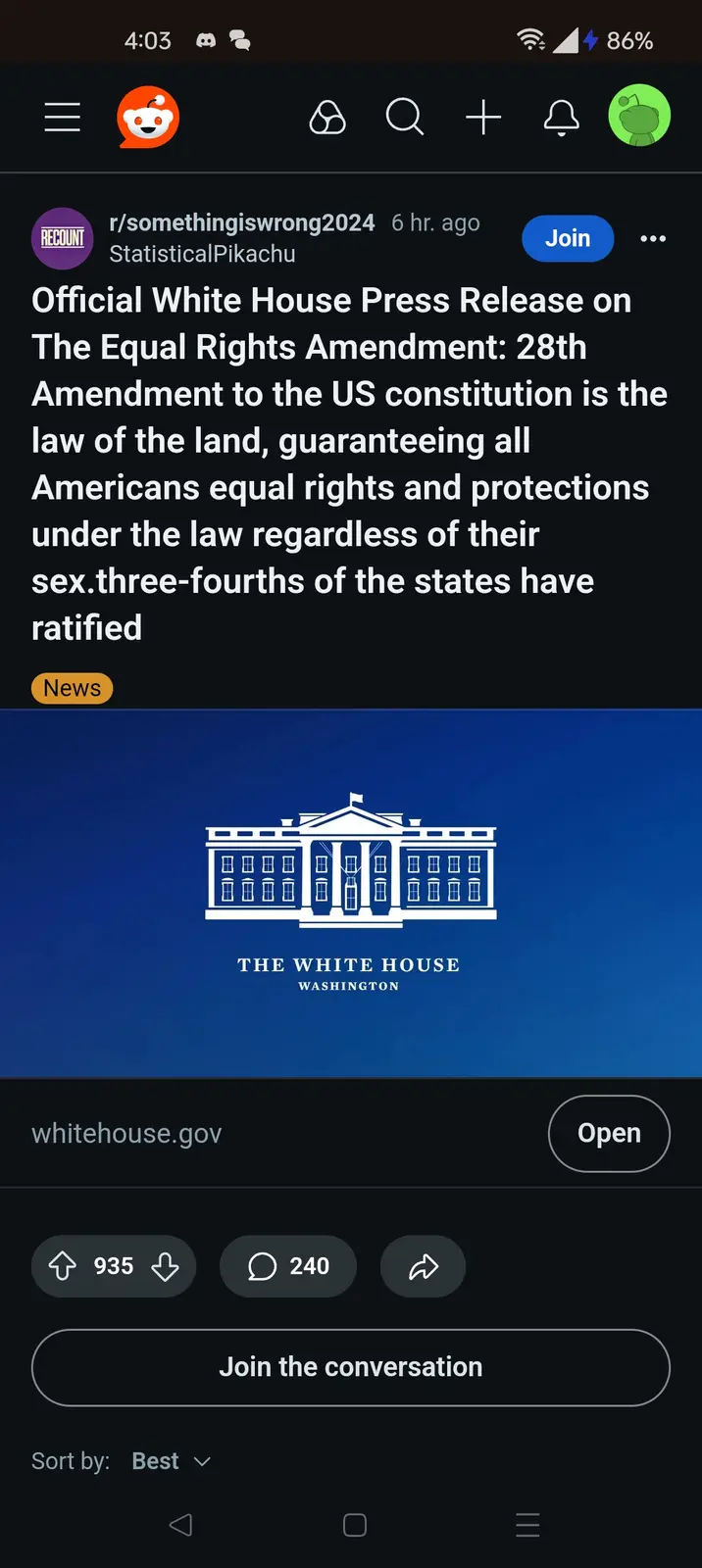 A screenshot of a Reddit post in the r/somethingiswrong2024 subreddit shows a fake White House press release claiming the…