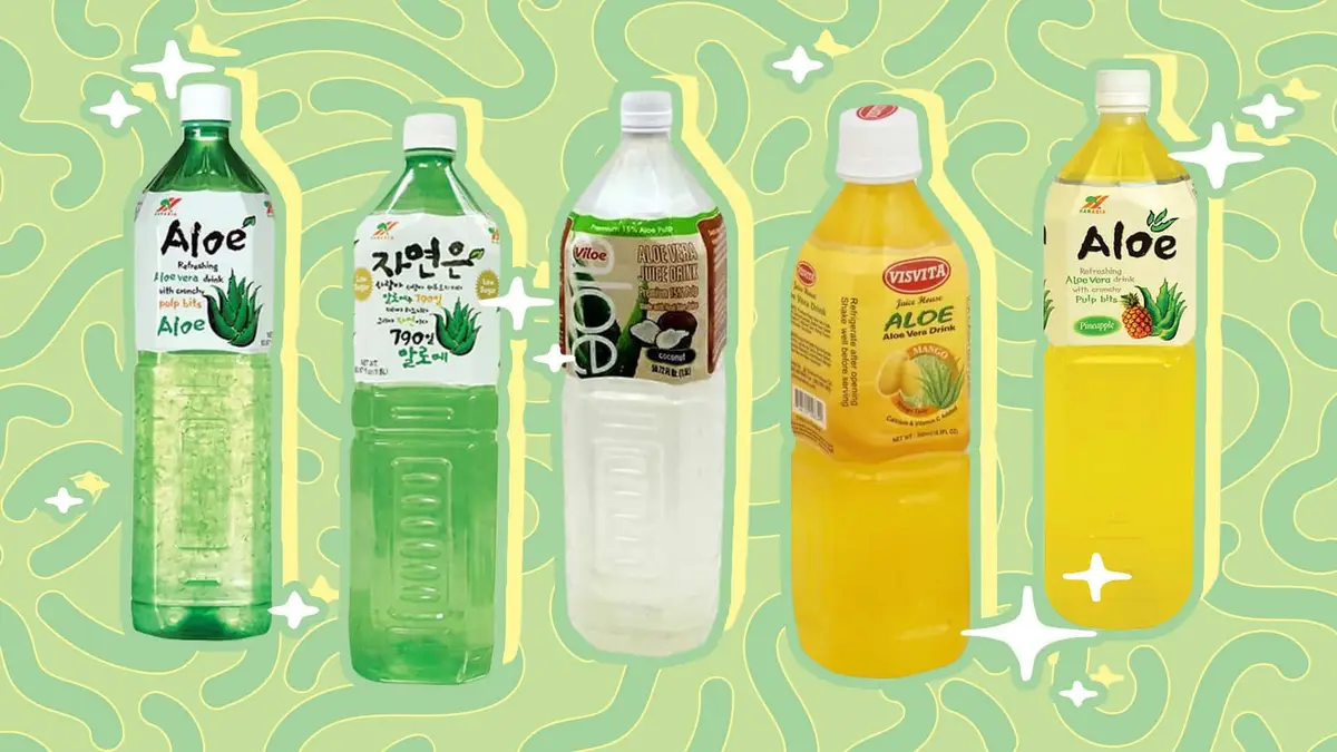 Five different bottles of aloe vera drinks are displayed against a light green background with yellow squiggly lines and…