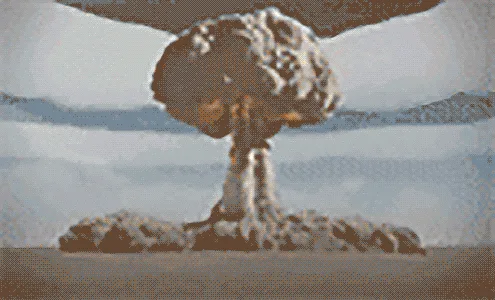 The image displays six frames of a nuclear explosion in sequence, showing the mushroom cloud forming and expanding against a…
