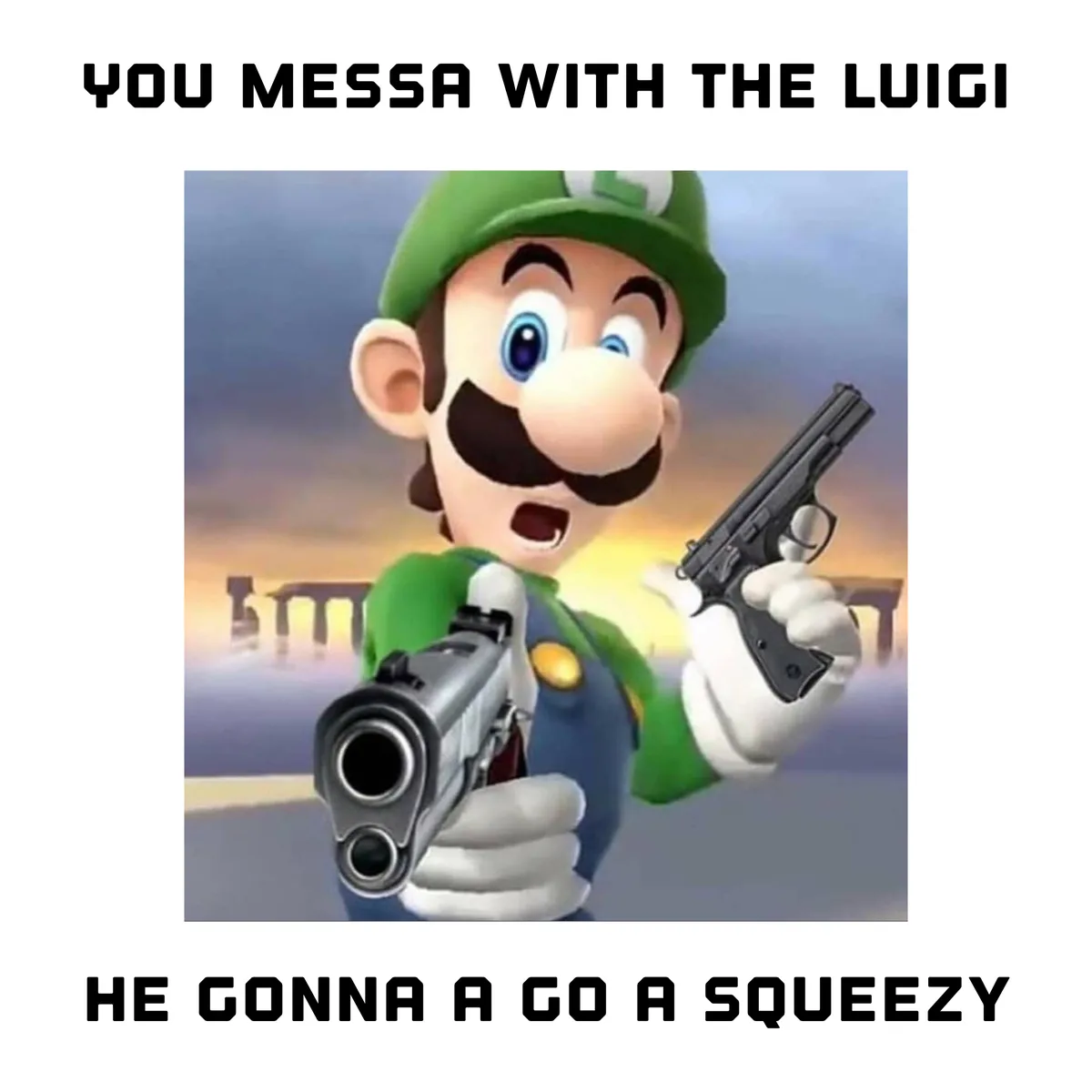 The image shows the video game character Luigi, recognizable by his green hat and overalls, holding two pistols with a…