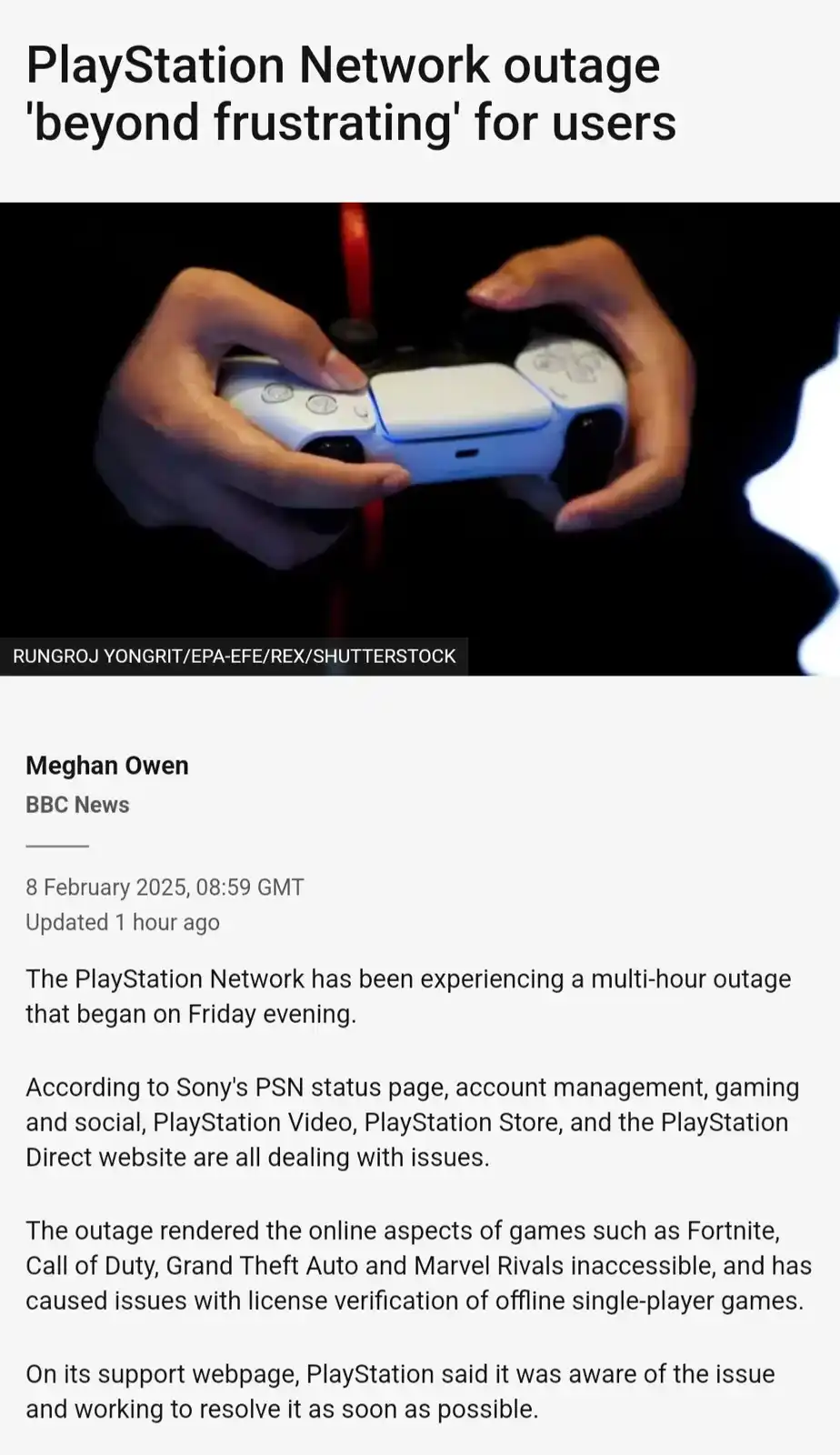 A news article screenshot from BBC News dated February 8, 2025, reports a PlayStation Network outage, with a photo of hands…