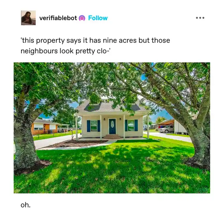 A screenshot of a social media post showing a photo of a modest single-story house framed by large trees, with neighboring…