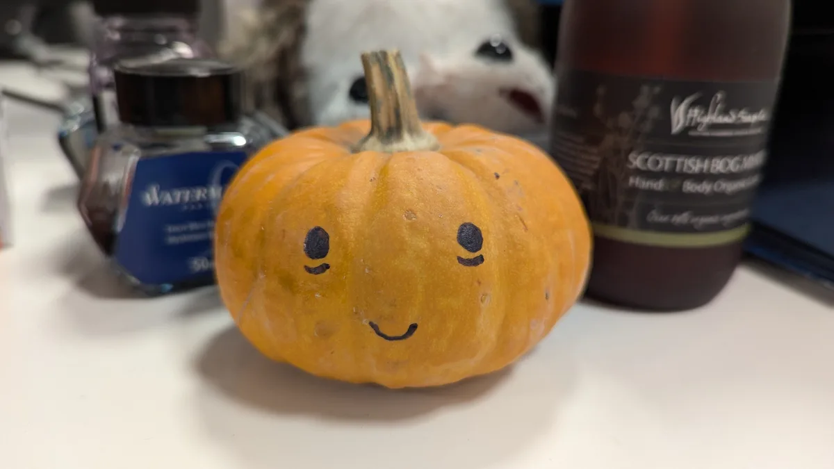 A small orange pumpkin with a simple black marker face drawn on it sits on a white surface, flanked by a bottle of Waterman…